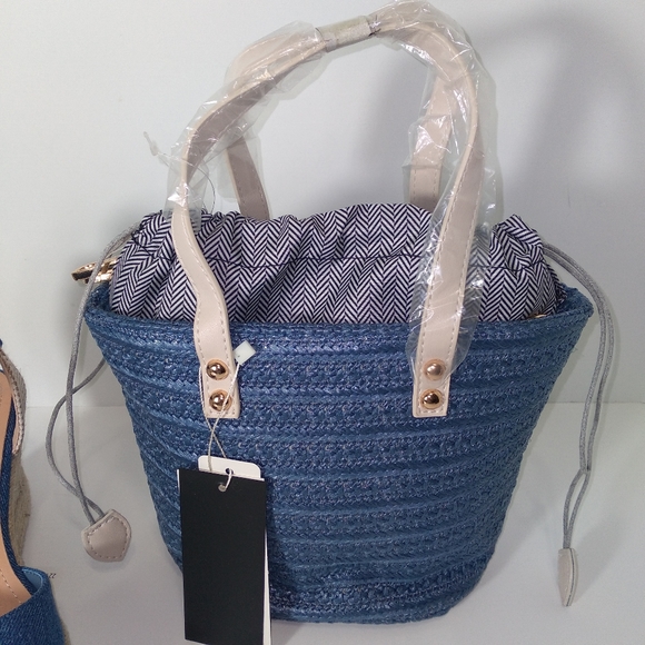 Denim Blue Size 8 Tie Up Espadrille Wedges & Mini Denim Tote Bag Bundle - Picture 4 of 9